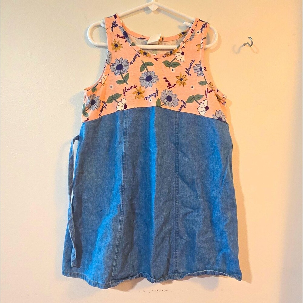 Girls Size 6x Vintage Pink Blue Floral Denim A-Line Sleeveless Dress